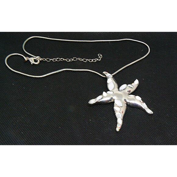 Silver Starfish Pendant Necklace 17-20" Aurora Borealis & Clear Crystals White - Picture 2 of 4